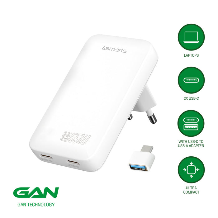 Hleðslutæki USB-2C FlatPlug Dual 65W GaN