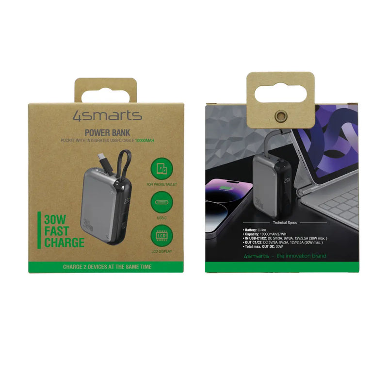 Hleðslubanki Pocket með innbyggðri USB-C snúru 10.000 mAh 30W 4smarts