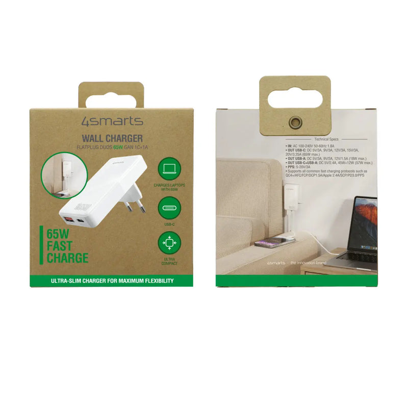 Hleðslutæki USB-C/A FlatPlug Duos 65W GaN 4smarts