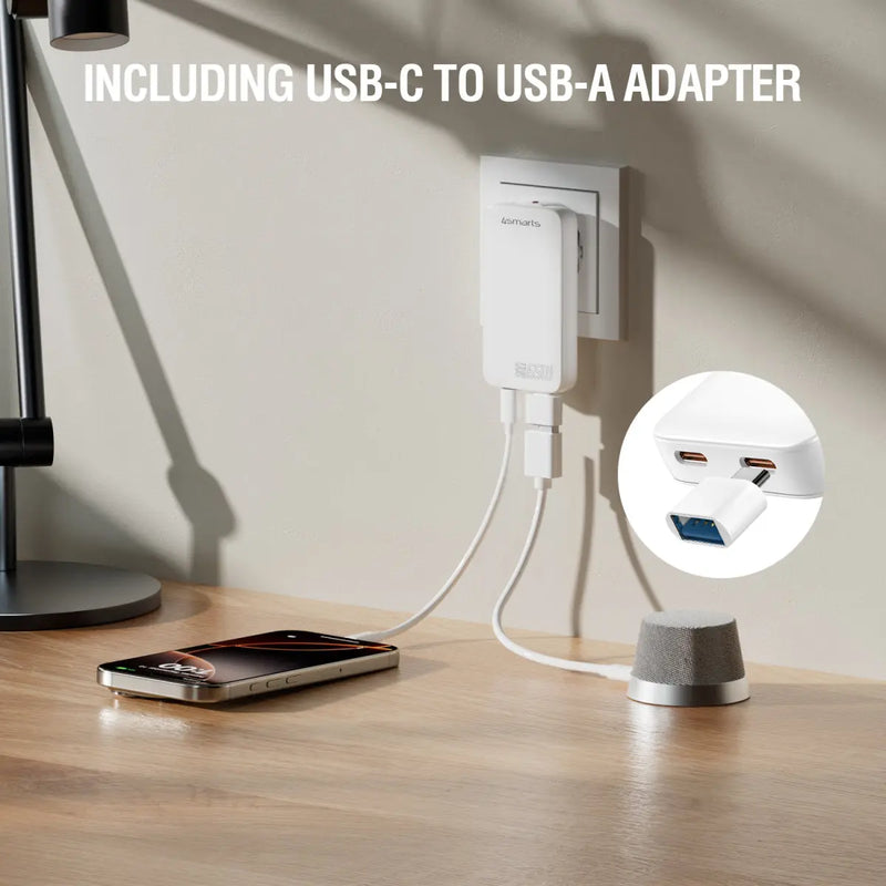 Hleðslutæki USB-2C FlatPlug Dual 65W GaN 4smarts