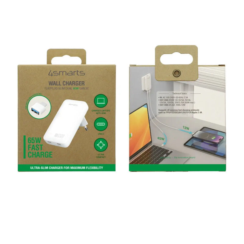 Hleðslutæki USB-2C FlatPlug Dual 65W GaN 4smarts