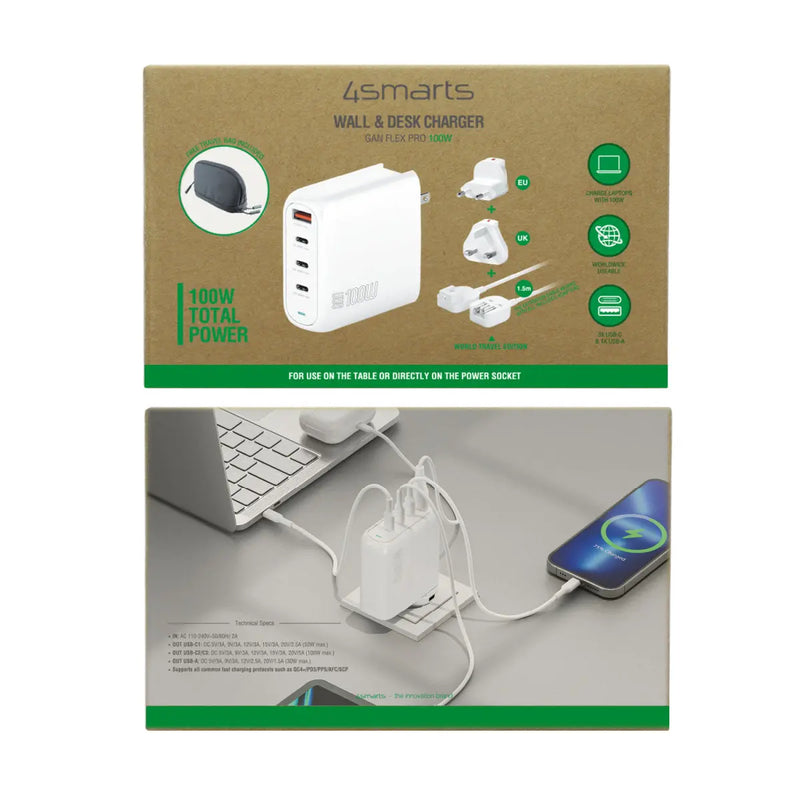 Ferðahleðslutæki USB-3C/1A Flex Pro 100W GaN 4smarts